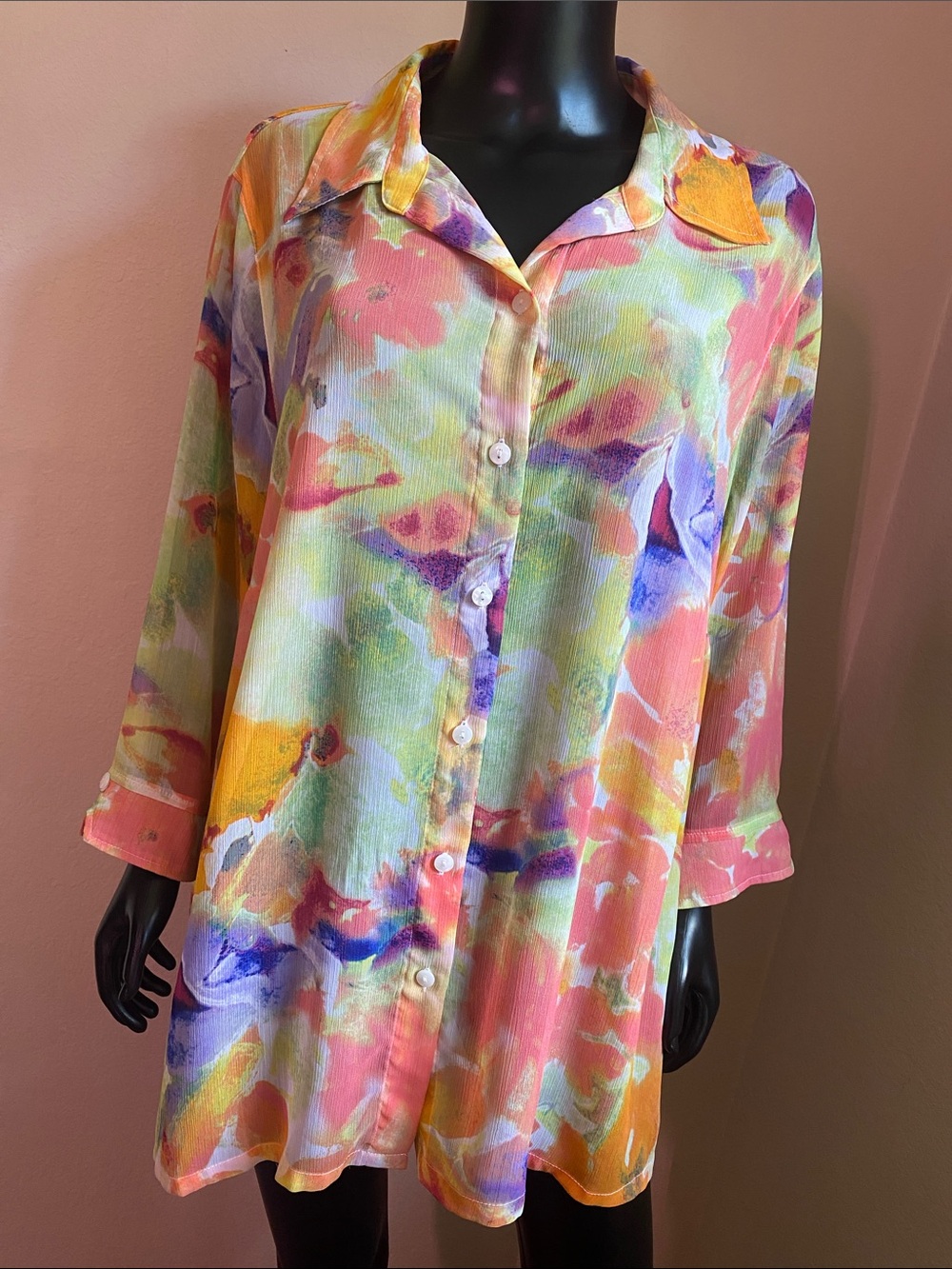 Kim Rogers Sheer Multicolor Colorful Watercolor Floral Blouse